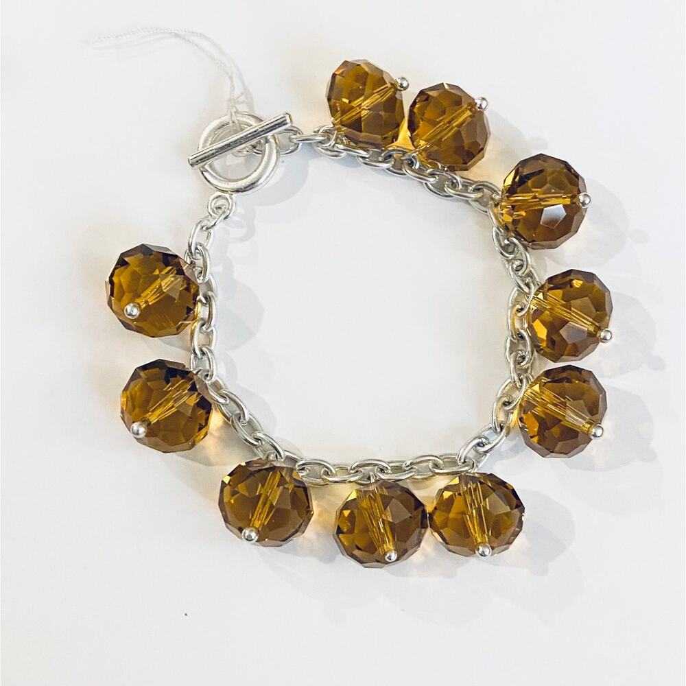 Amber Glass Beads Silver Toggle Bracelet